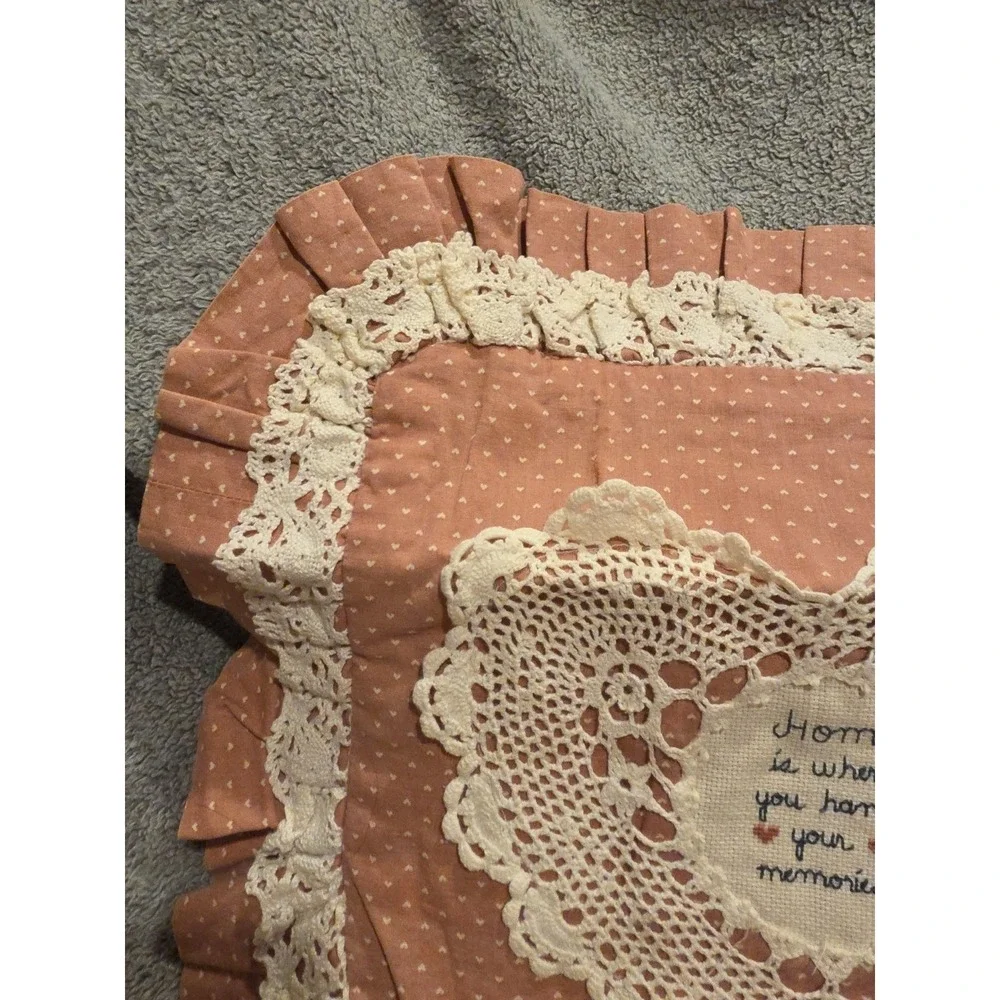 Square Pink Hearts Ruffled Pillow Case 16x16 Lace ‎ And Cross Stich Cottagecore